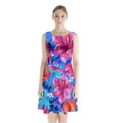  Vibrant Colorful Flowers On Sky Blue Sleeveless Waist Tie Chiffon Dress by HWDesign