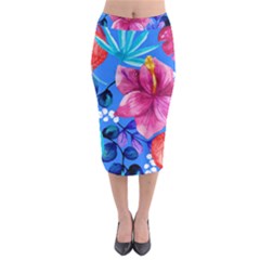  Vibrant Colorful Flowers On Sky Blue Midi Pencil Skirt by HWDesign