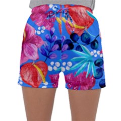  Vibrant Colorful Flowers On Sky Blue Sleepwear Shorts by HWDesign