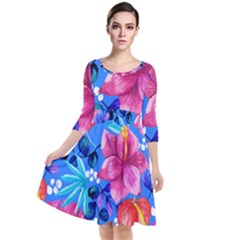  Vibrant Colorful Flowers On Sky Blue Quarter Sleeve Waist Band Dress by HWDesign