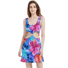  Vibrant Colorful Flowers On Sky Blue Velvet Cutout Dress by HWDesign