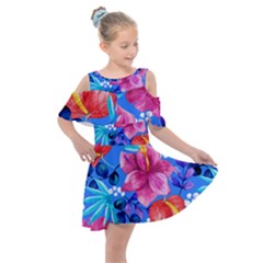  Vibrant Colorful Flowers On Sky Blue Kids  Shoulder Cutout Chiffon Dress by HWDesign