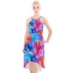  Vibrant Colorful Flowers On Sky Blue High-low Halter Chiffon Dress  by HWDesign