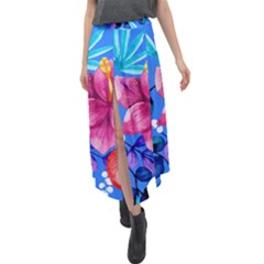  Vibrant Colorful Flowers On Sky Blue Velour Split Maxi Skirt by HWDesign