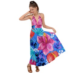  Vibrant Colorful Flowers On Sky Blue Backless Maxi Beach Dress by HWDesign