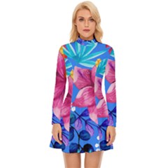  Vibrant Colorful Flowers On Sky Blue Long Sleeve Velour Longline Dress by HWDesign