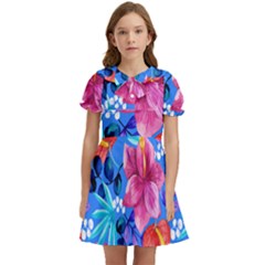  Vibrant Colorful Flowers On Sky Blue Kids  Bow Tie Puff Sleeve Dress by HWDesign