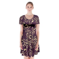 Golden Purple Flower Ornament Short Sleeve V-neck Flare Dress by HWDesign