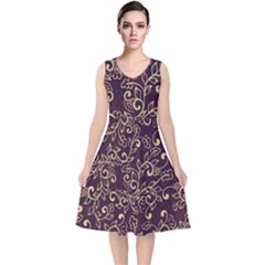 Golden Purple Flower Ornament V-neck Midi Sleeveless Dress  by HWDesign