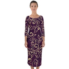 Golden Purple Flower Ornament Quarter Sleeve Midi Bodycon Dress by HWDesign