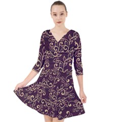 Golden Purple Flower Ornament Quarter Sleeve Front Wrap Dress by HWDesign