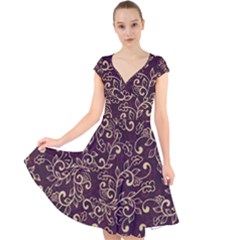 Golden Purple Flower Ornament Cap Sleeve Front Wrap Midi Dress by HWDesign