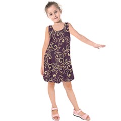 Golden Purple Flower Ornament Kids  Sleeveless Dress by HWDesign