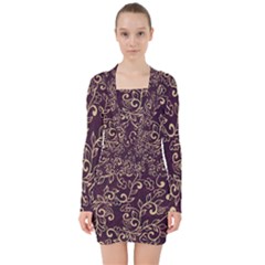 Golden Purple Flower Ornament V-neck Bodycon Long Sleeve Dress by HWDesign