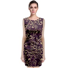 Golden Purple Flower Ornament Sleeveless Velvet Midi Dress by HWDesign