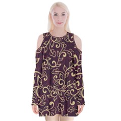 Golden Purple Flower Ornament Velvet Long Sleeve Shoulder Cutout Dress by HWDesign