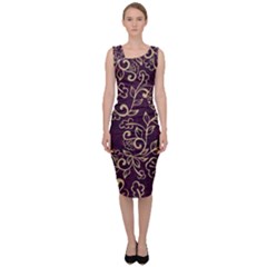 Golden Purple Flower Ornament Sleeveless Pencil Dress by HWDesign