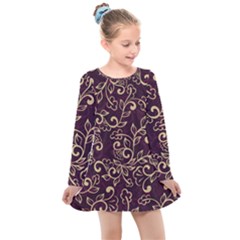 Golden Purple Flower Ornament Kids  Long Sleeve Dress by HWDesign