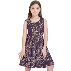 Golden Purple Flower Ornament Kids  Skater Dress by HWDesign