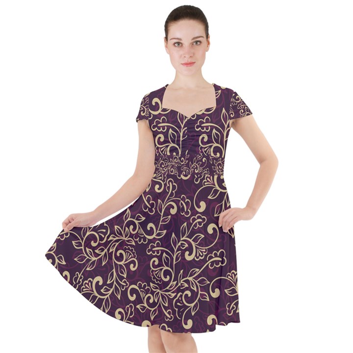 Golden Purple Flower Ornament Cap Sleeve Midi Dress