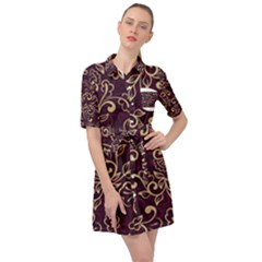 Golden Purple Flower Ornament Belted Shirt Dress by HWDesign