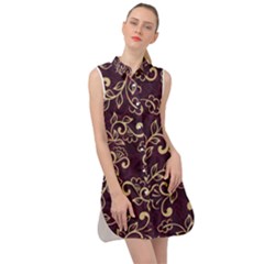 Golden Purple Flower Ornament Sleeveless Shirt Dress by HWDesign