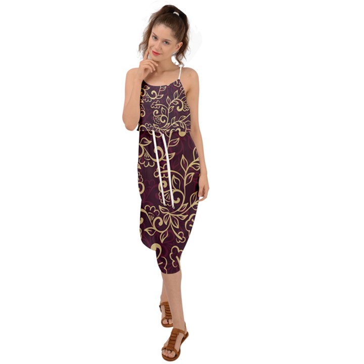 Golden Purple Flower Ornament Waist Tie Cover Up Chiffon Dress