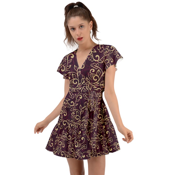 Golden Purple Flower Ornament Flutter Sleeve Wrap Dress