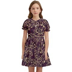 Golden Purple Flower Ornament Kids  Bow Tie Puff Sleeve Dress by HWDesign