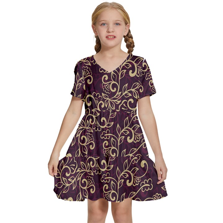 Golden Purple Flower Ornament Kids  Short Sleeve Tiered Mini Dress