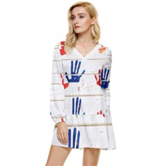 Handprint,wood Tiered Long Sleeve Mini Dress by nate14shop