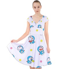 Doraemon Cap Sleeve Front Wrap Midi Dress