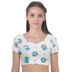 Doraemon Velvet Short Sleeve Crop Top 