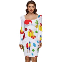 Christmas-celebration-seamless-pattern-background-vector Women Long Sleeve Ruched Stretch Jersey Dress