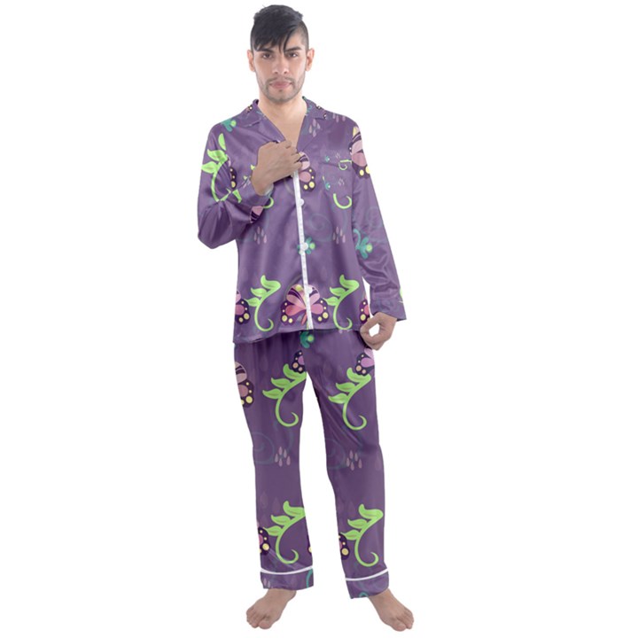 Background-butterfly Purple Men s Long Sleeve Satin Pajamas Set