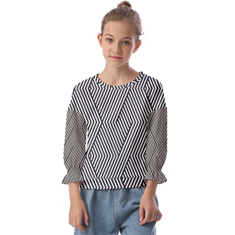 Vector-geometric-lines-pattern-simple-monochrome-texture-with-diagonal-stripes-lines-chevron-zigzag- Kids  Cuff Sleeve Top by nate14shop