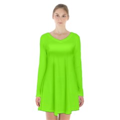 Grass-green-color-solid-background Long Sleeve Velvet V-neck Dress