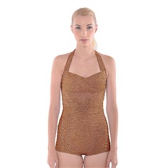 Leather Brown  Boyleg Halter Swimsuit  by artworkshop