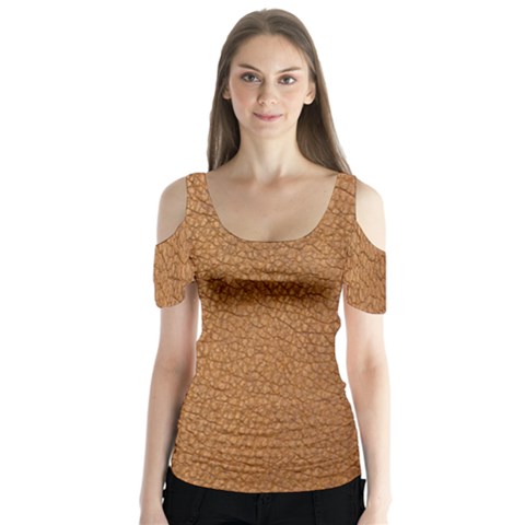 Leather Brown  Butterfly Sleeve Cutout Tee  by artworkshop