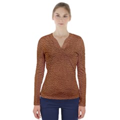 Leather Brown  V-neck Long Sleeve Top by artworkshop