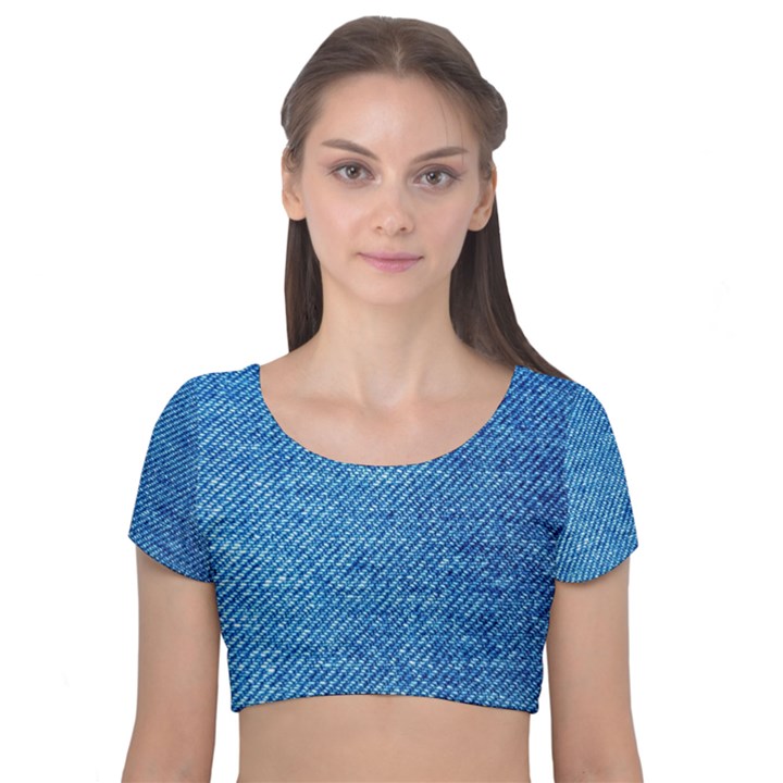 Jeans Blue  Velvet Short Sleeve Crop Top 