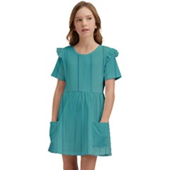 Green Surface  Kids  Frilly Sleeves Pocket Dress