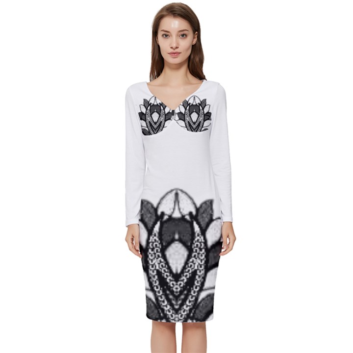 IM Fourth Dimension Black White Long Sleeve V-Neck Bodycon Dress 