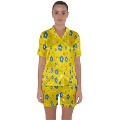 Floral Yellow Satin Short Sleeve Pajamas Set by nate14shop