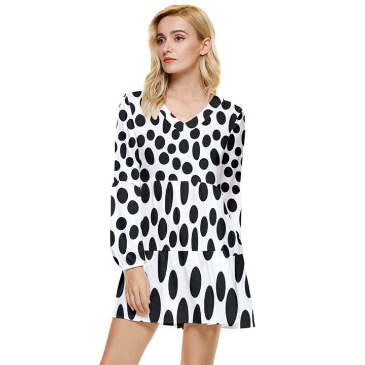 Random-circles-seamless-pattern Tiered Long Sleeve Mini Dress