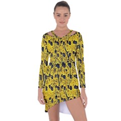 Yellow-abstrac Asymmetric Cut-out Shift Dress