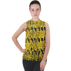 Yellow-abstrac Mock Neck Chiffon Sleeveless Top by nate14shop