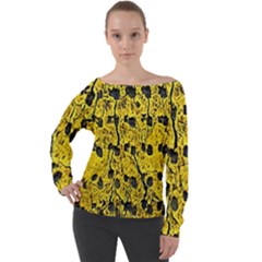 Yellow-abstrac Off Shoulder Long Sleeve Velour Top by nate14shop