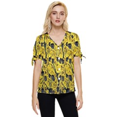 Yellow-abstrac Bow Sleeve Button Up Top by nate14shop