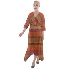 Background-lines Quarter Sleeve Wrap Front Maxi Dress